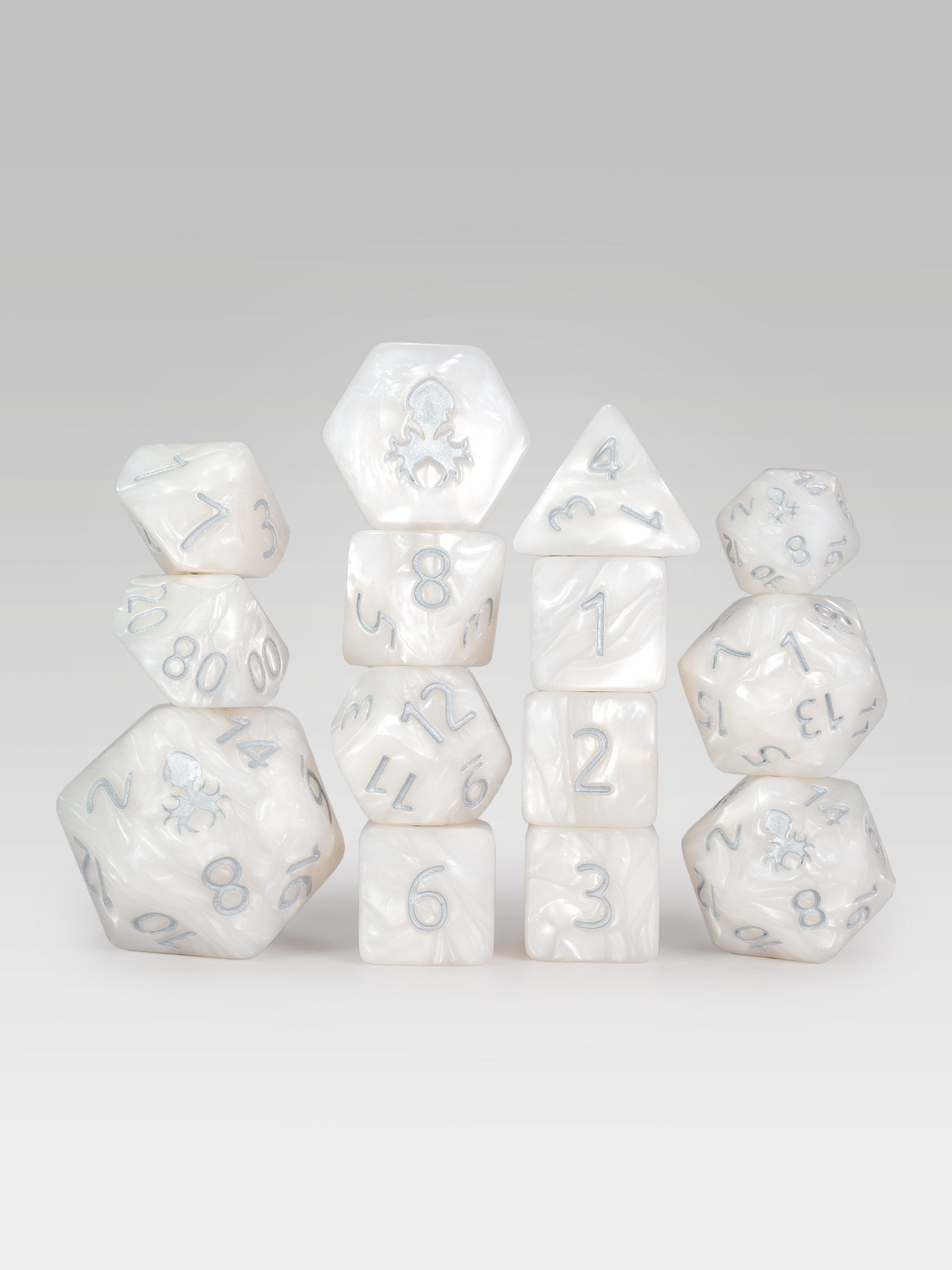 Kraken's Signature White 14pc Dice Set inked in Silver